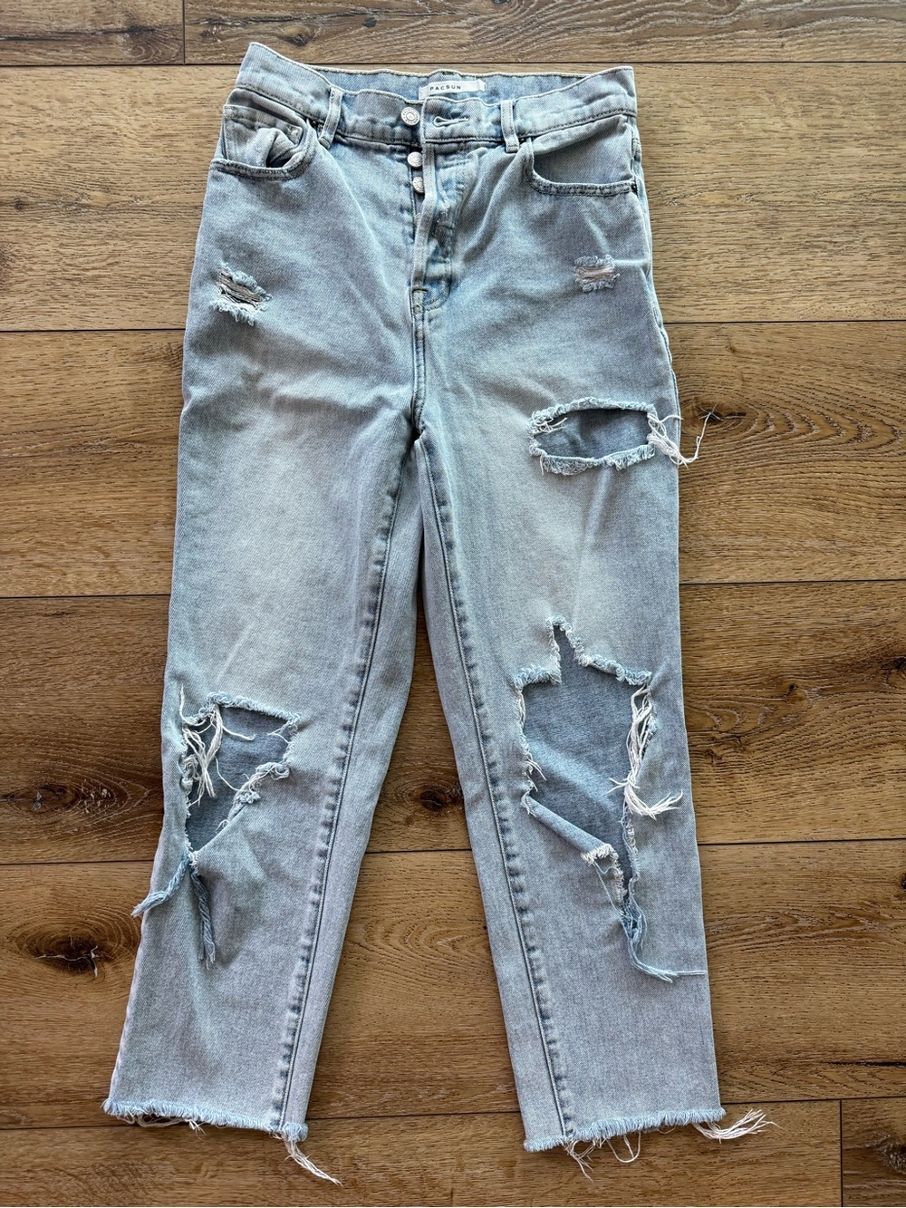 PacSun High Rise Distressed Mom Jeans Button Fly Light Wash Raw Hem Size 27